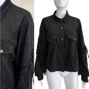 KORI Black Faux Suede Western Fringe Shacket Womens Large Snap Cropped Shirt
